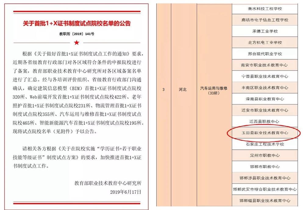 玉田职教中心成为教育部首批1+X证书制度试点院校
