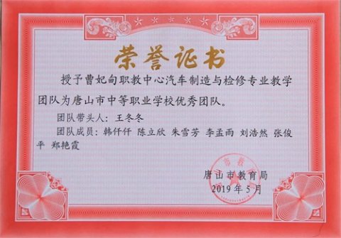 曹妃甸职教中心教师集体被评为优秀团队